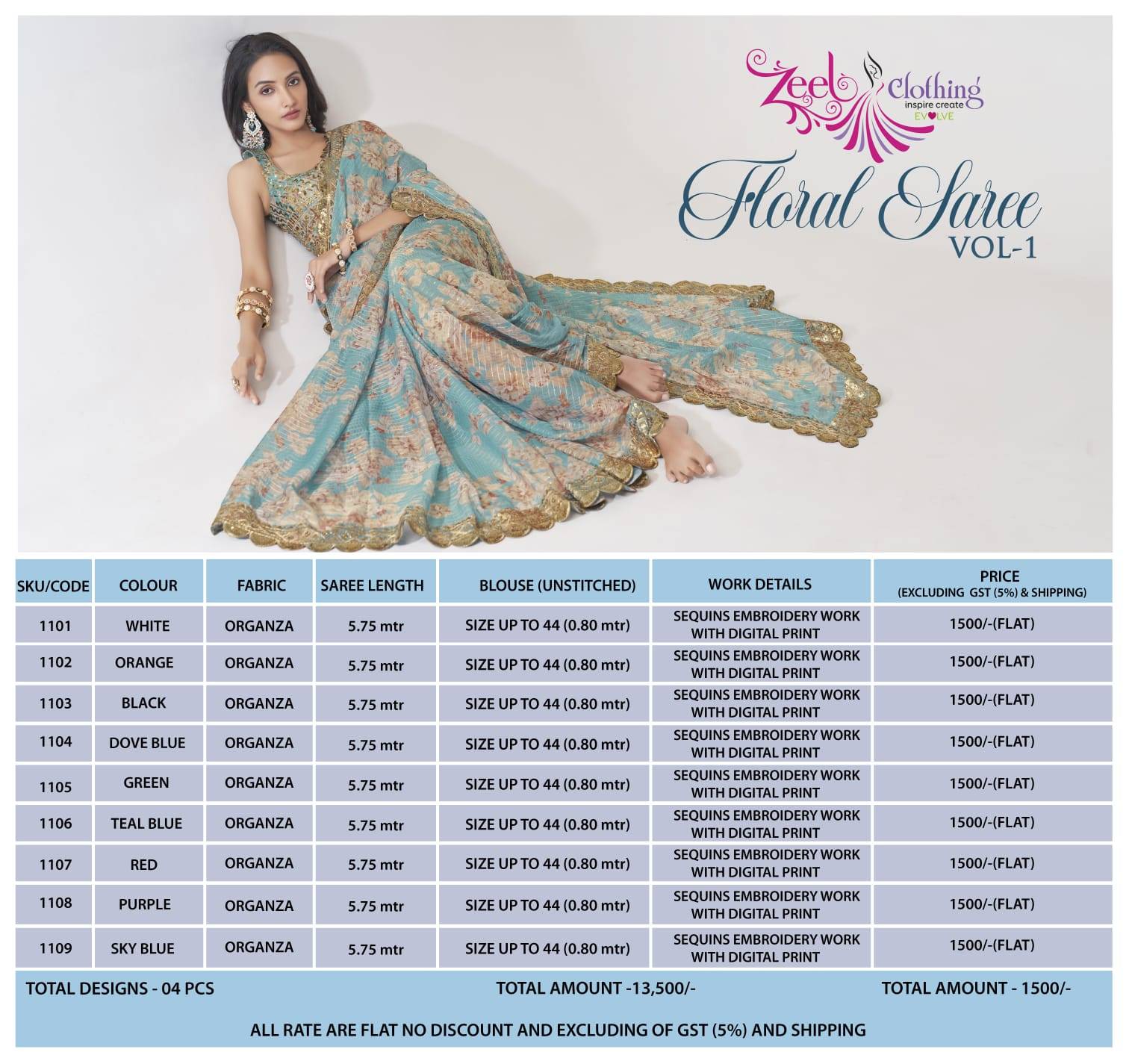 Floral sarees vol-1 By Zeel Clothing 1101 To 1109 Series Indian Traditional Wear Collection Beautiful Stylish Fancy Colorful Party Wear & Organza At Wholesale Price